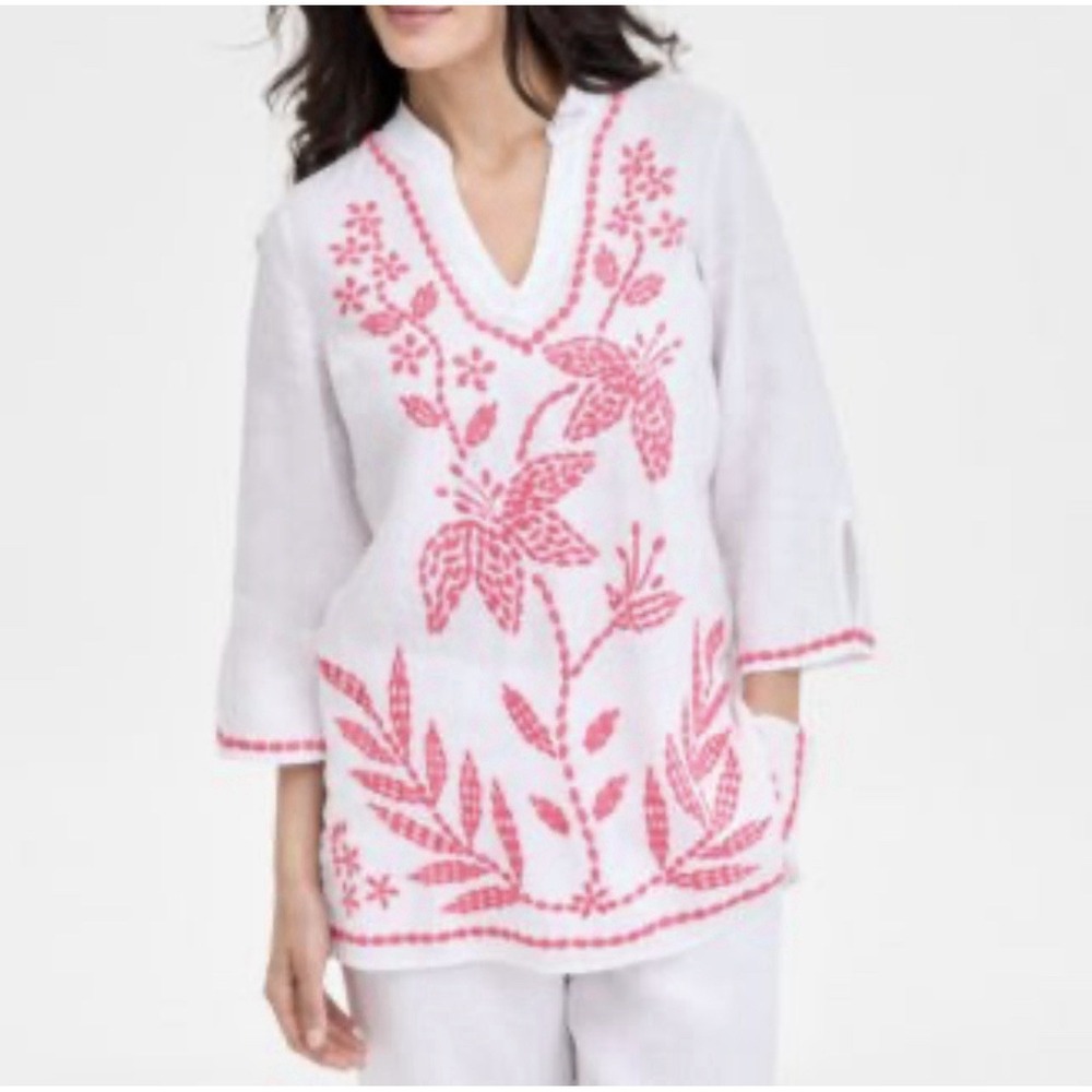 Charter Club Linen Tunic Top M White Embroidered V Neck Beach Lagenlook Boho